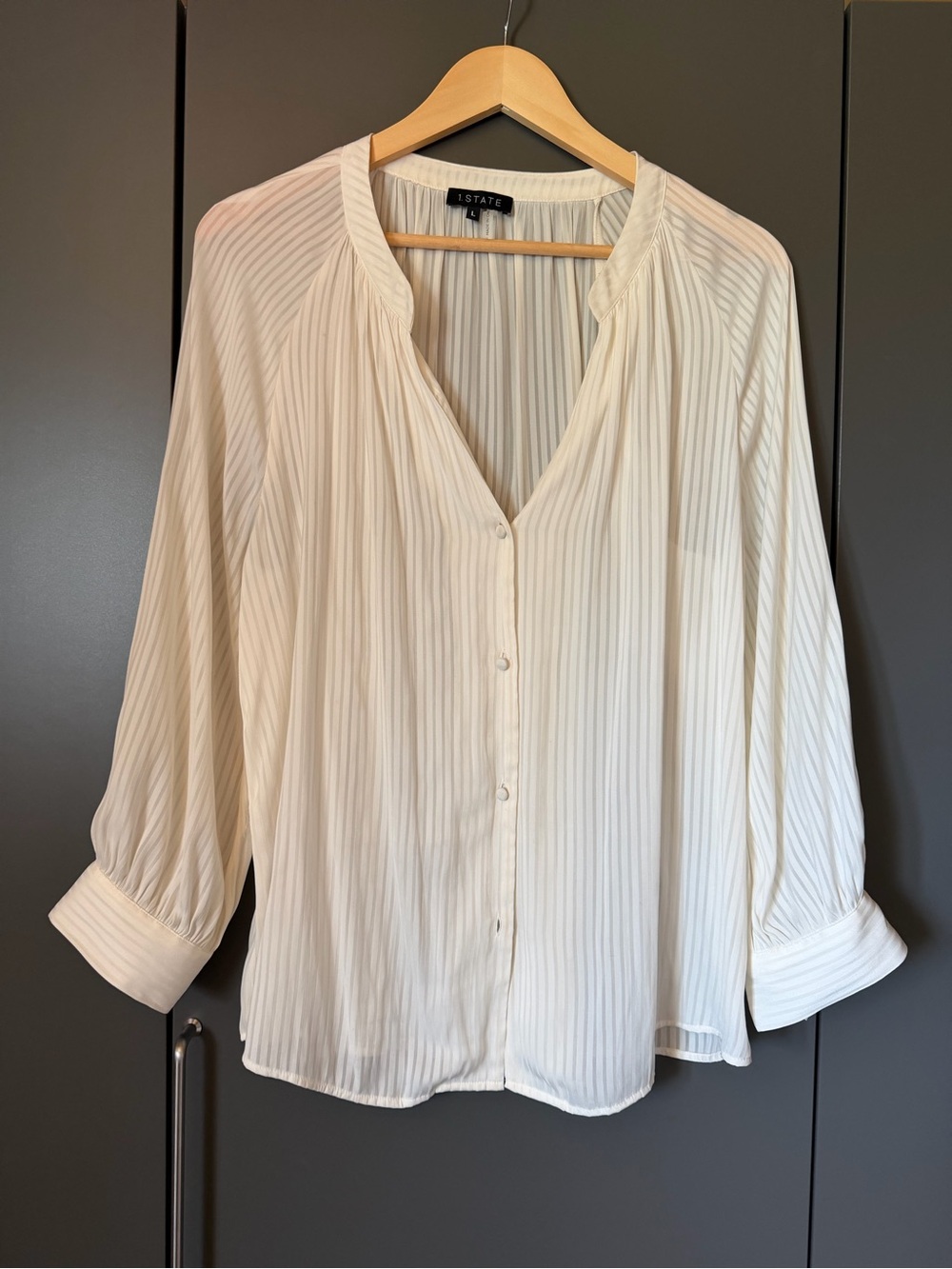 1.STATE Ivory Sheer Tonal Stripe Button Front Blouse Size L